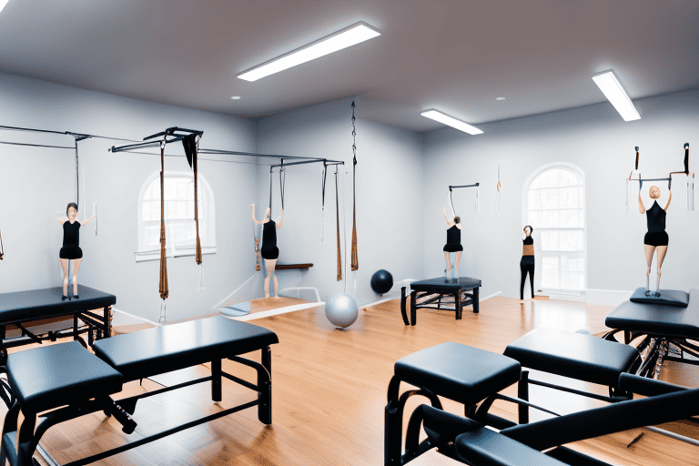 A well-organized pilates studio filled with various types of high-quality equipment such as reformers