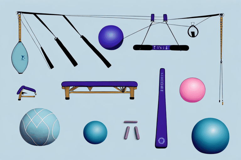 Five different pilates equipment pieces including a reformer