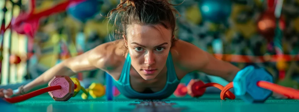 a woman doing pilates on a vibrant green mat, surrounded by colorful resistance bands and weights, with a look of determination on her face.