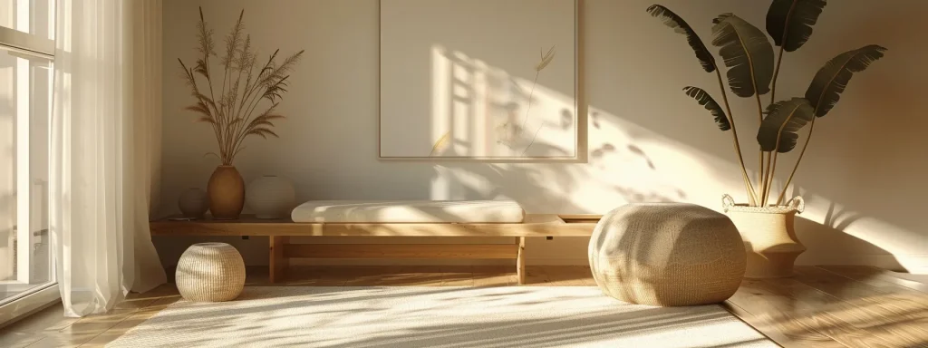 a serene living room corner transformed into a cozy pilates sanctuary with a compact reformer, cushioned mat, and calming decor accents.