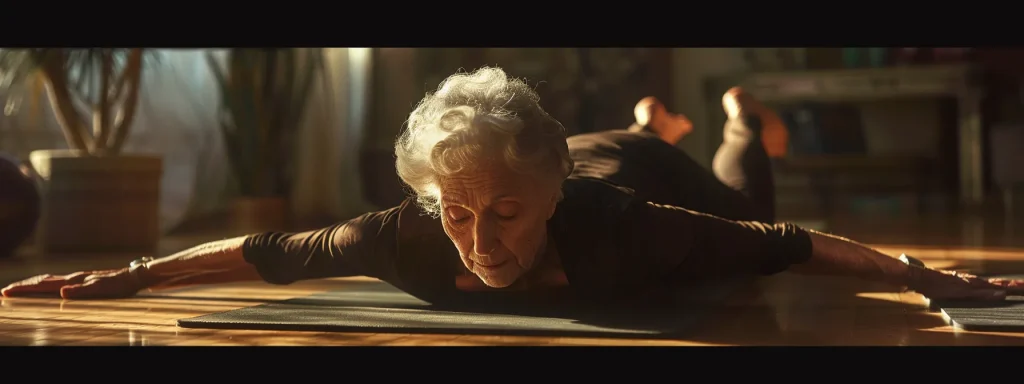 an elderly woman gracefully extends into a strong and stable plank pose during a peaceful pilates session.