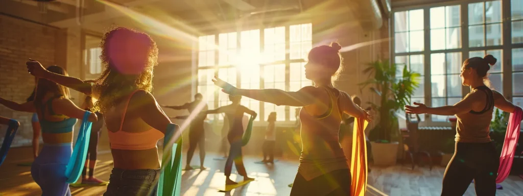 a group of people stretching with colorful resistance bands in a sunlit studio before a pilates class.