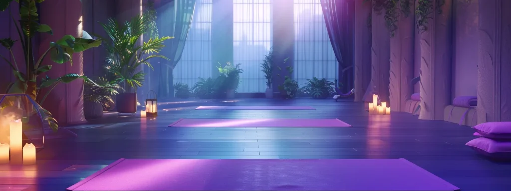 a serene studio with a vibrant purple mat laid out for pilates exercises.