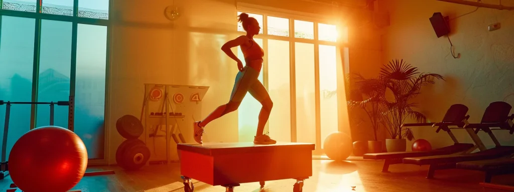 a woman balancing on a pilates box while performing core-strengthening exercises with various exercise tools in a brightly lit studio.