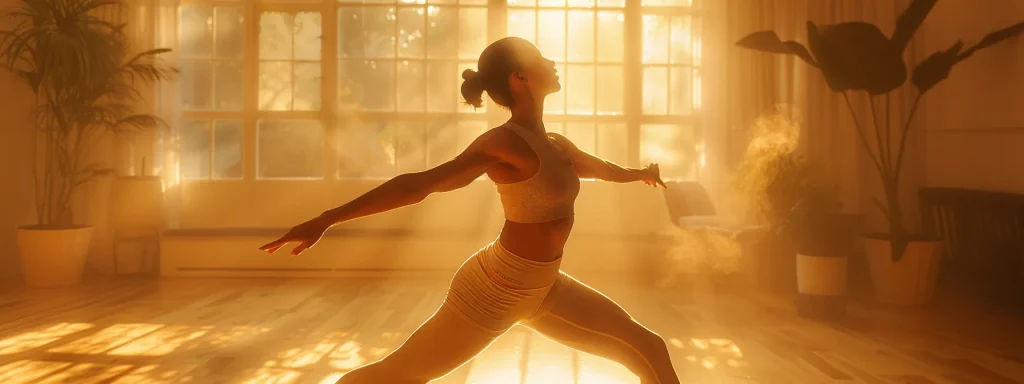 a woman effortlessly balancing on one leg, arms extended gracefully, in a serene and focused pilates studio.