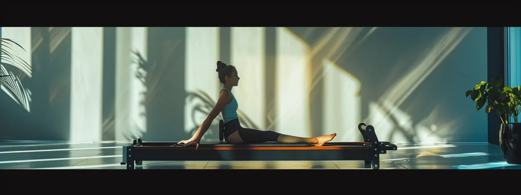 a woman gracefully balancing on a sleek, modern pilates reformer machine in a bright, airy studio.