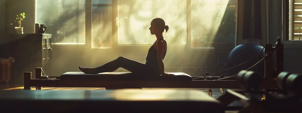 a woman gracefully stretching on a pilates reformer machine, surrounded by soft natural light in a serene studio setting.