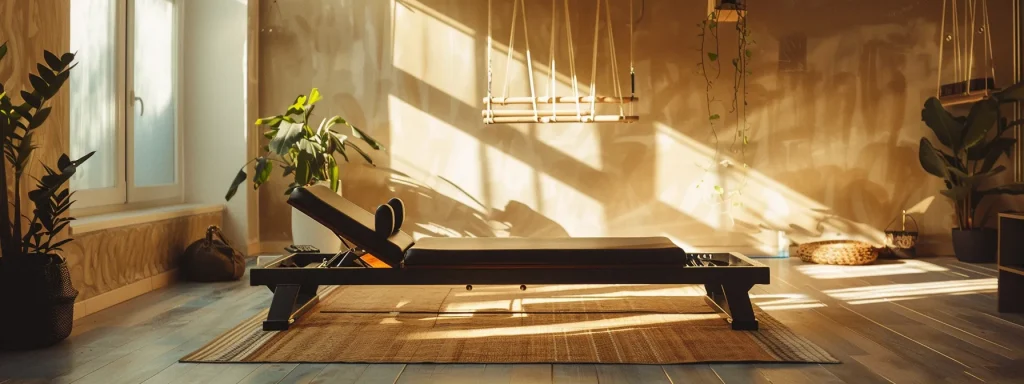 a serene studio with a sleek, modern reformer machine awaits a beginner for their first pilates class.