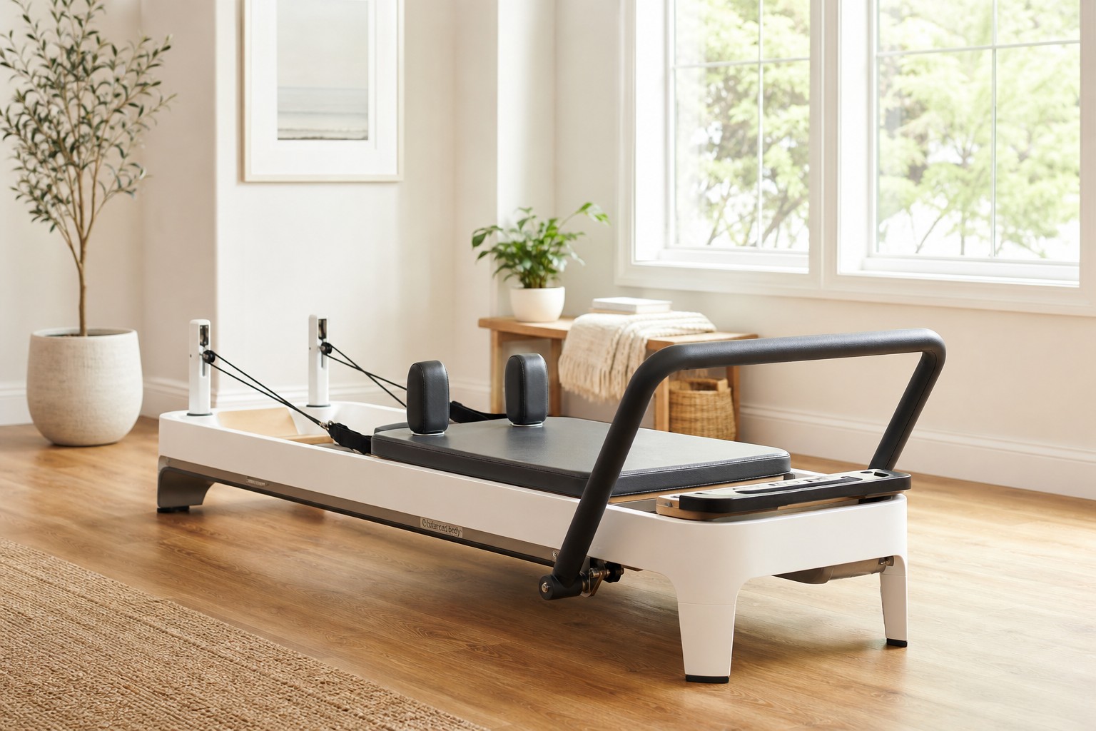 Pilates reformer machine in a bright modern home studio with natural light