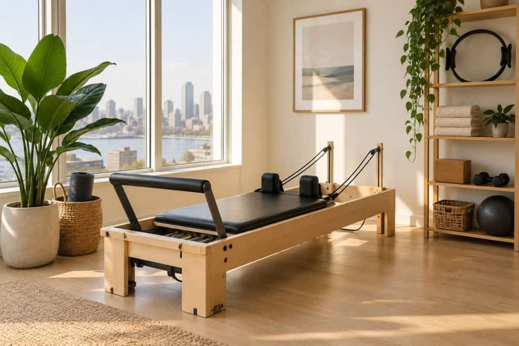 Wooden Pilates reformer set up in a small, bright home studio with accessories on a shelf